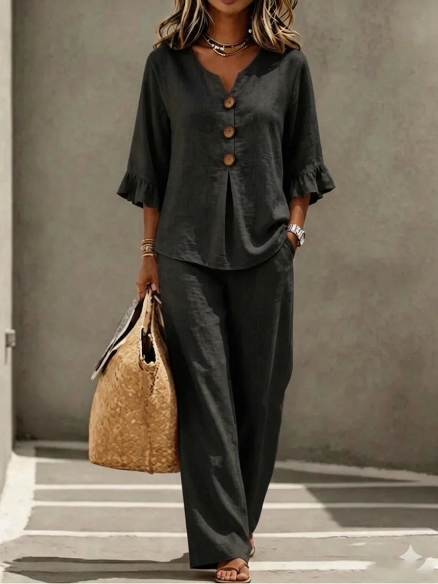 V-Neck Ruffled Two-Piece Top and Wide-Leg Pants Set for Women