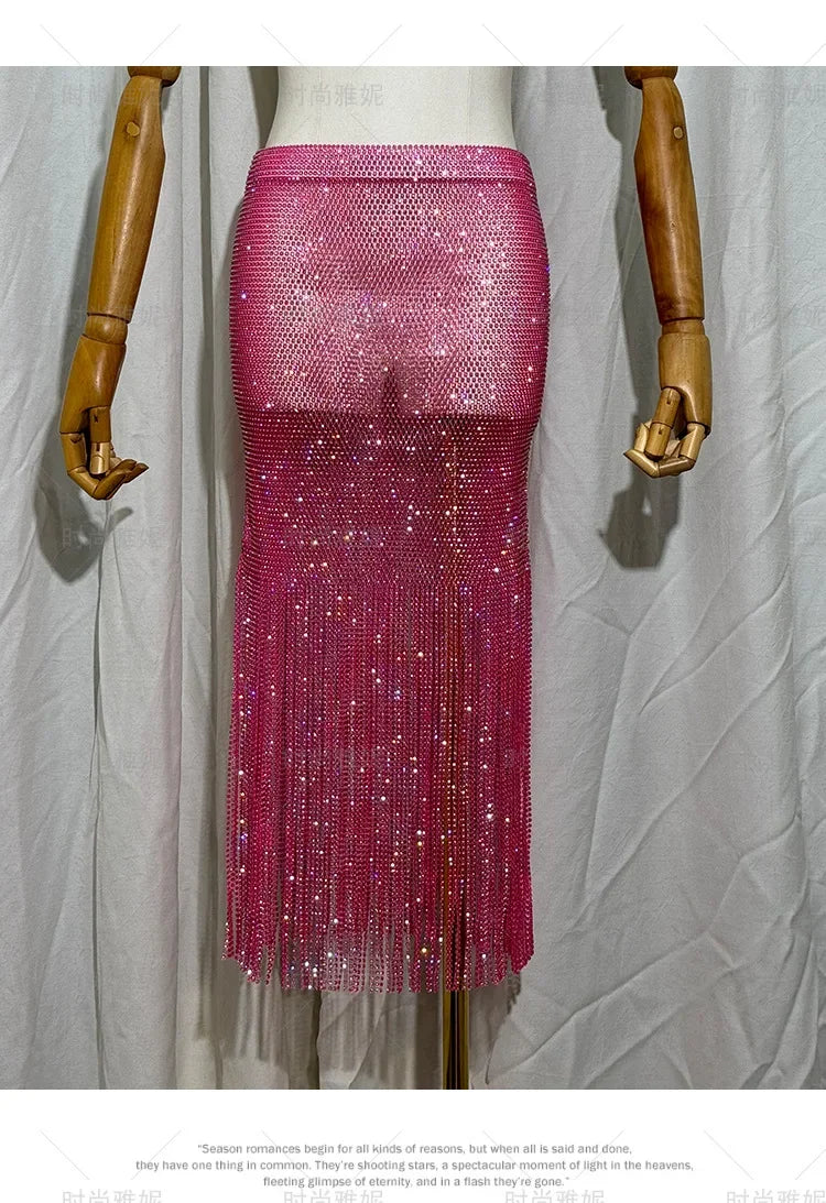 Women's Clothes High Waist Skirt Winter 2025 Early Autumn New Socialite Light Luxury Heavy Embroidery Sequins Tassel Midi Skirts