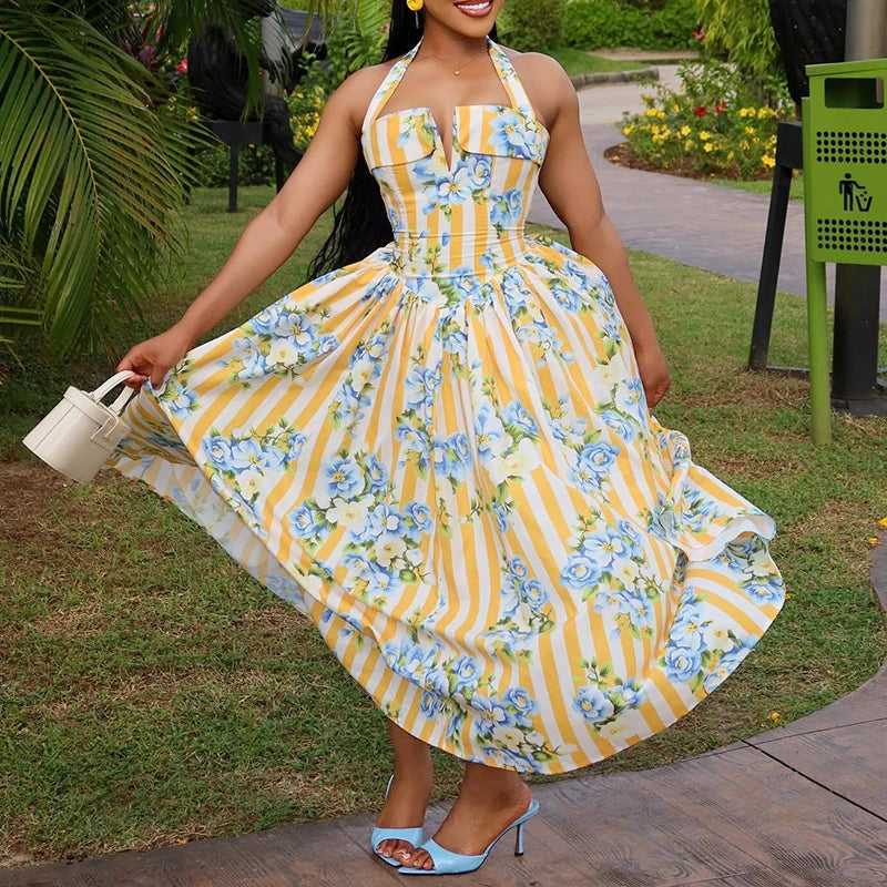 Women Elegant Backless Waist Vacation Dresses Sweet Style Floral Print Formal Party Dress Sexy Halter Sleeveless Bohe Long Dress