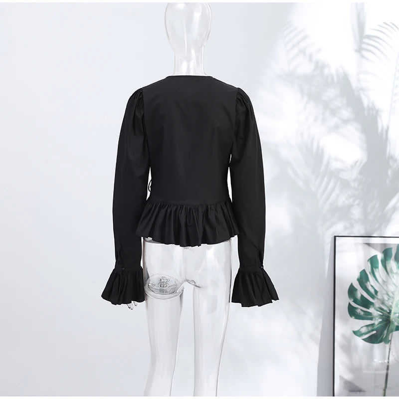 Chic Solid Ruffle Pleated Puff Sleeve Shirt for Women