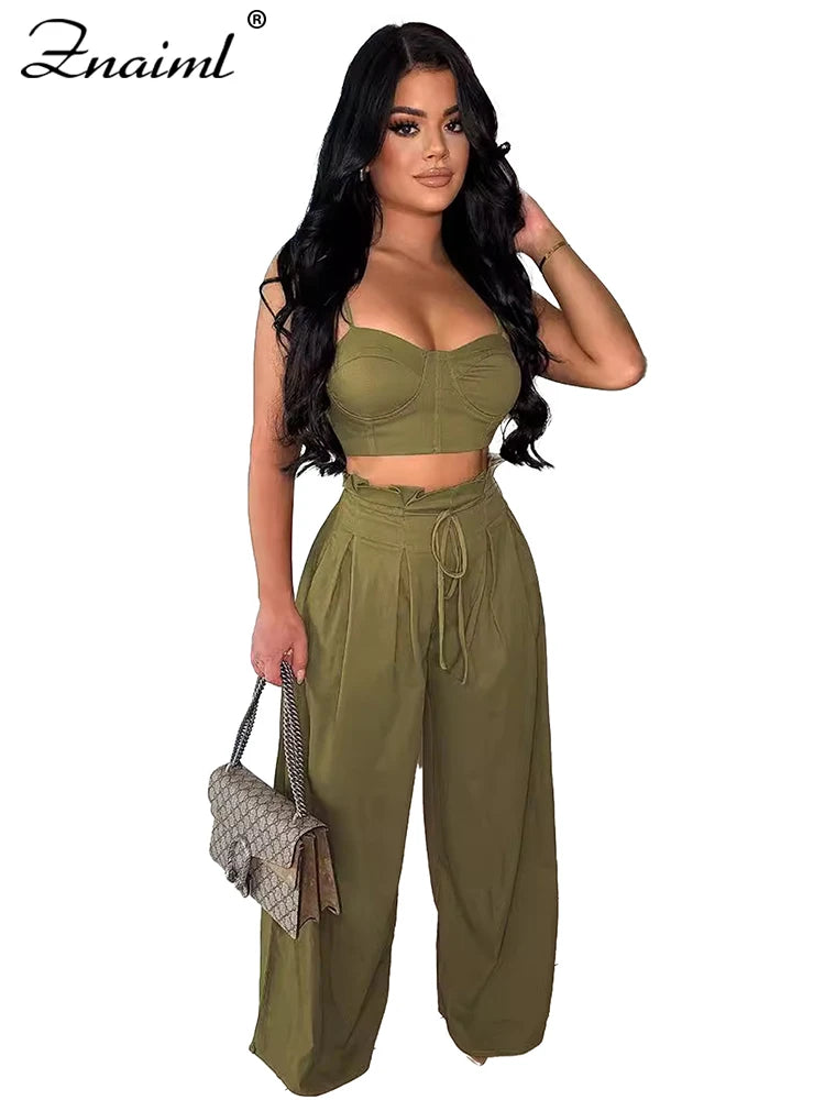 Znaiml Fashion Two 2 Piece Pants Sets Women Clothing Strap Sleeveless Top and Wide-leg Pants Elegant Streetwear Matching Suit