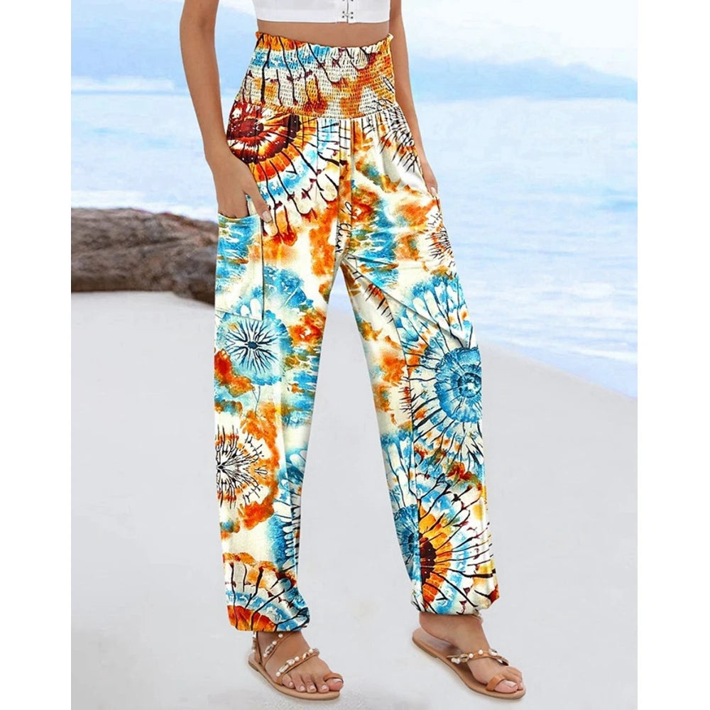 Women's High Waist Floral Print Pocket Cuffed Pants – Casual Sporty Streetwear Trousers with Shirring Elastic Waist