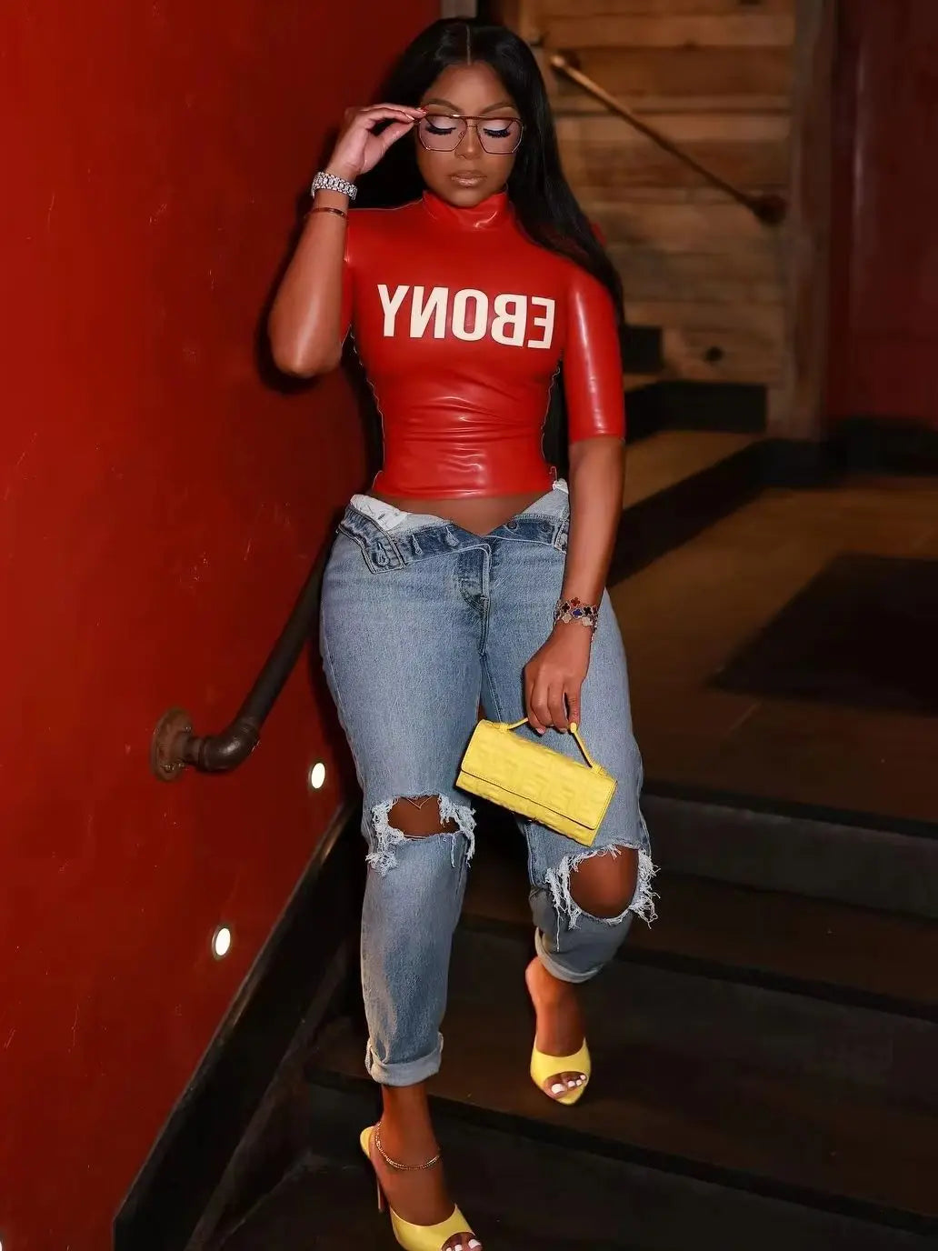Short Sleeve Faux Leather Turtleneck Top for Women