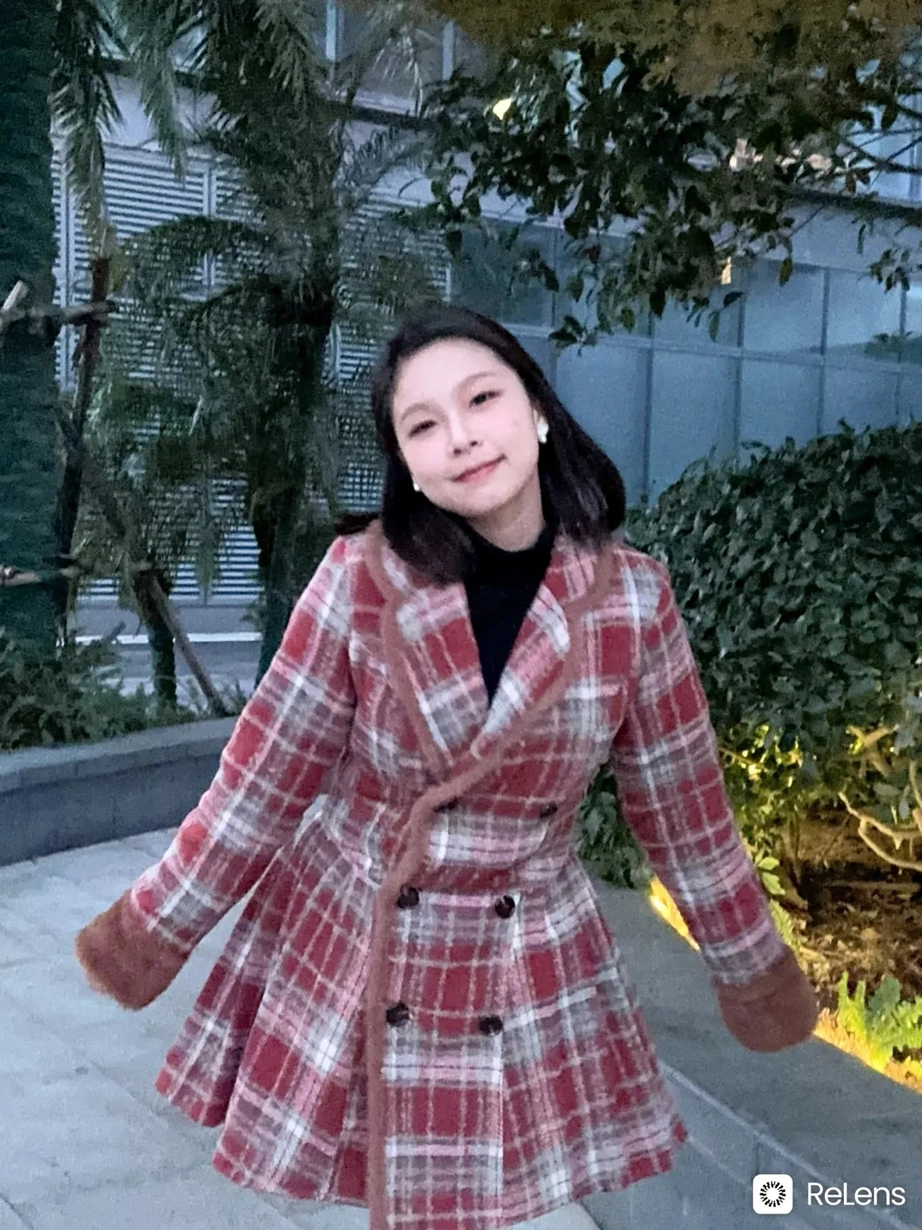 Women's Double Breasted Plaid Coat, Woolen Jacket , V-Neck, Loose Tops, Female Clothes, Sweet, New, Autumn, Winter