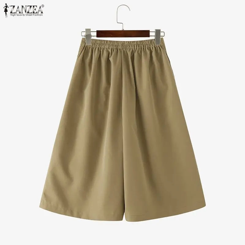 Casual Wide Leg Cropped Trousers With Elastic Waist for Women