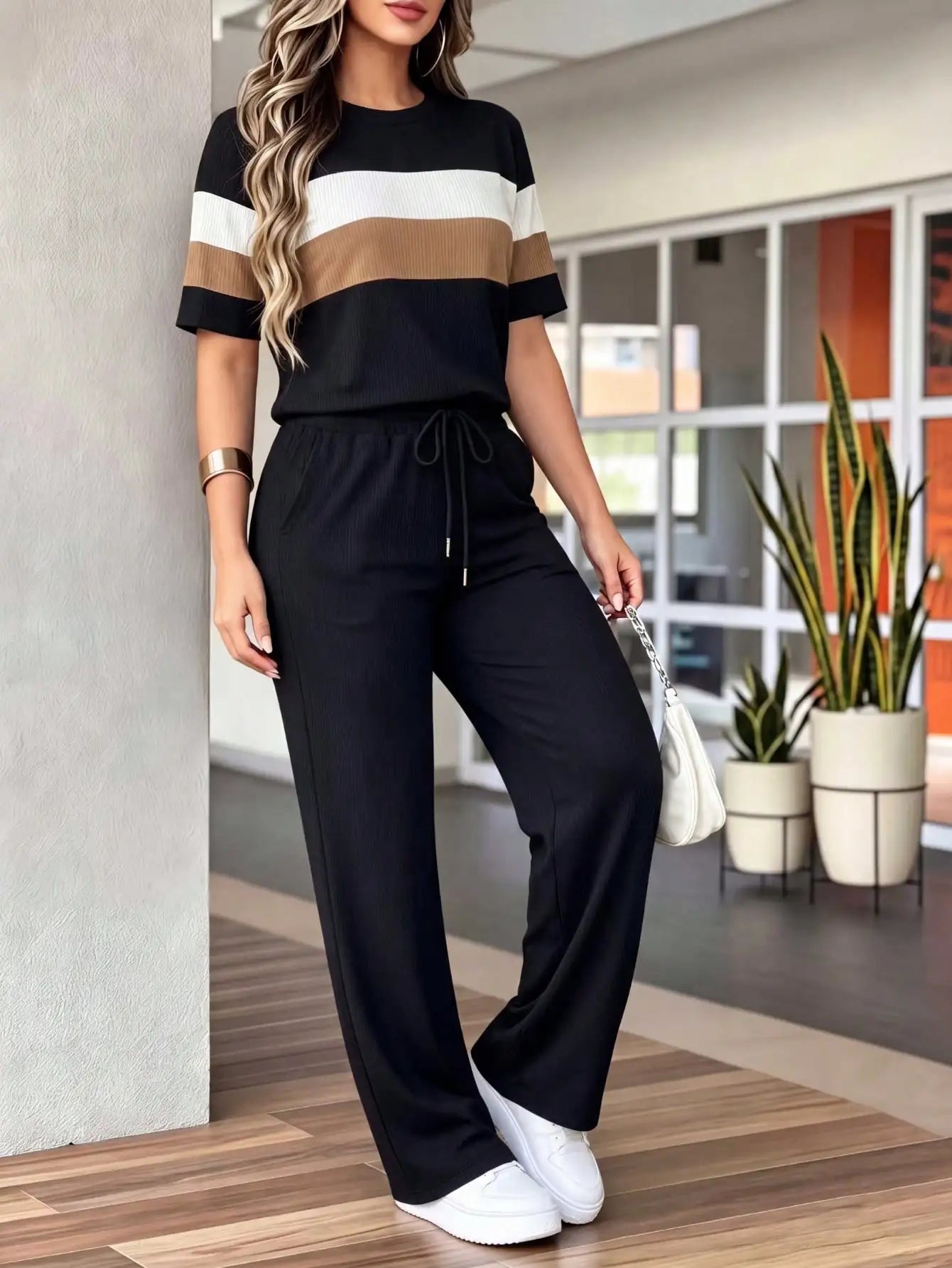 Fashion color‑block striped 2‑piece set, crew neck short sleeve top, drawstring high waist wide‑leg pants with side pockets. Soft comfortable fabric, great for daily, loungewear, street casual wear.