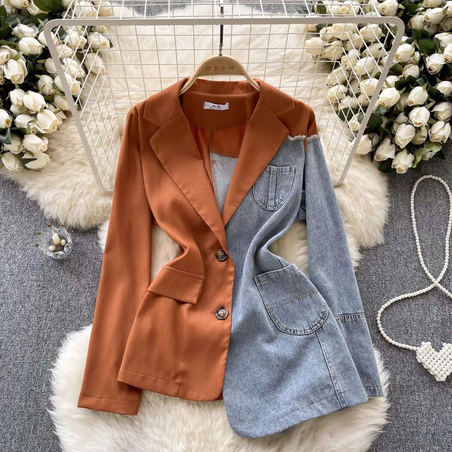 ANJY Autumn New Women Vintage Streetwear Ins Stylish Denim Patchwork Single Breasted Coat Casual Elegant Asymmetric Blazer A8421