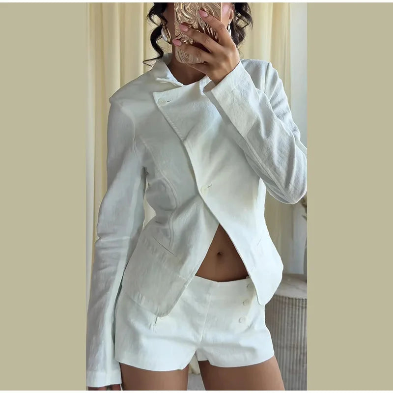 Casual Stand Collar Jacket and Shorts Set for Women