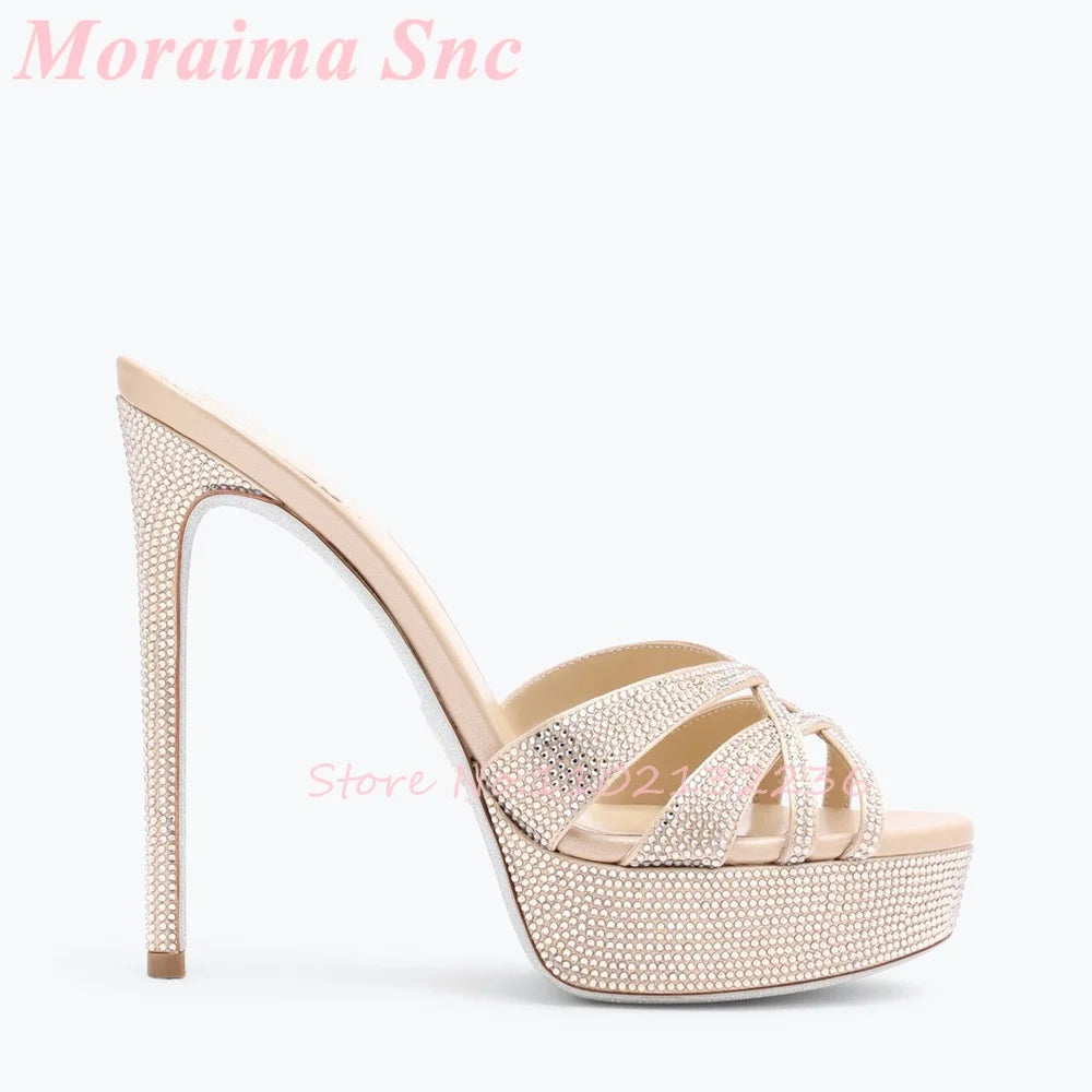 Crystal Rhinestone Platform Stiletto Crisscross Mules for Women