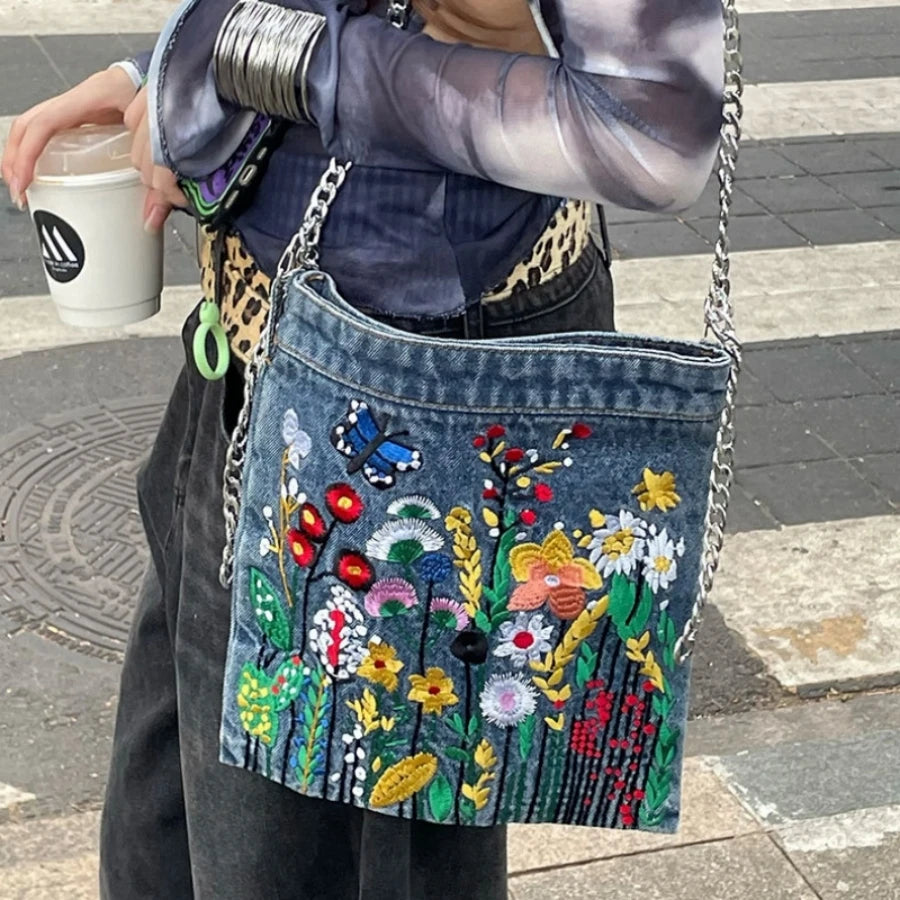 Embroidered Floral with Chain Shoulder Bag for Women
