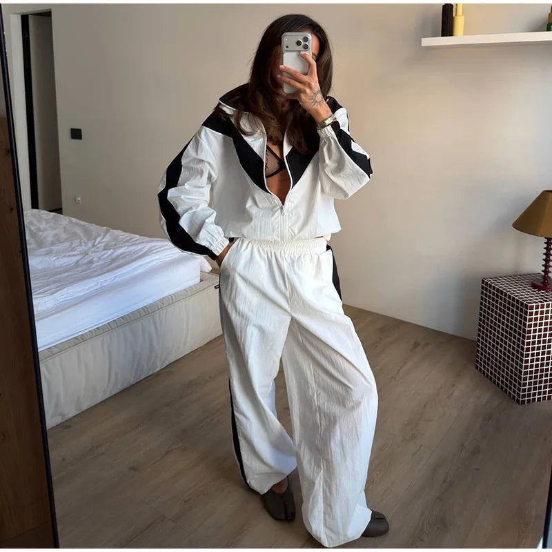 Color Block Zip Up Tracksuit With High Waist Shorts For Women