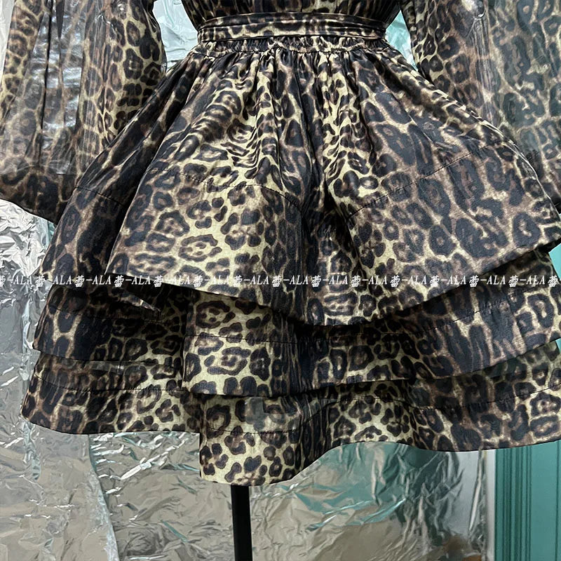 Spring Popular Retro Classic Leopard Pattern Single-Breasted Lantern Sleeve Shirt Layered Dress Puffy Cinched Short Dress Female