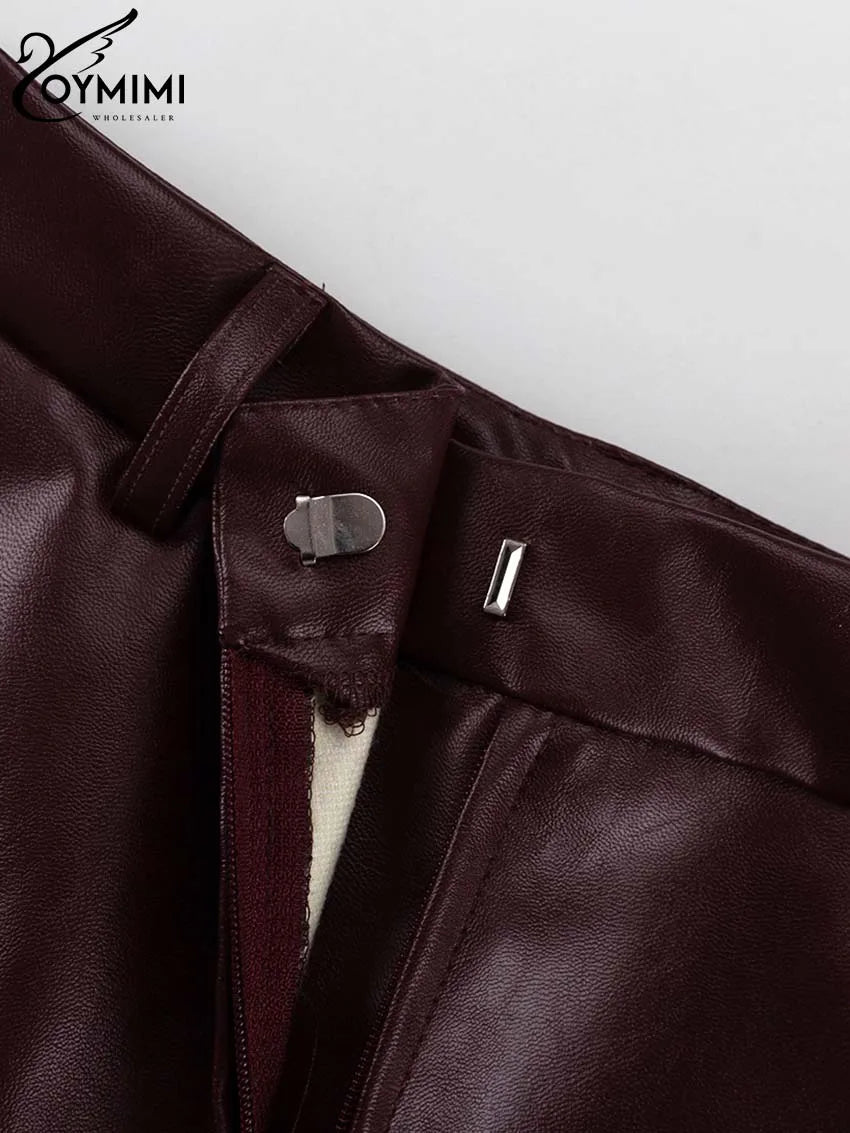 Oymimi Vintage Wine Red Pu Leather Womens 2 Piece Outfit Set Elegant Long Sleeve Lace-Up Shirts And Straight Simple Trousers Set