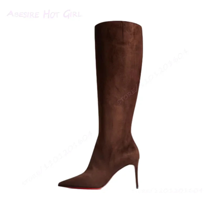 Black Matte Leather Over Knee Stiletto Boots For Women