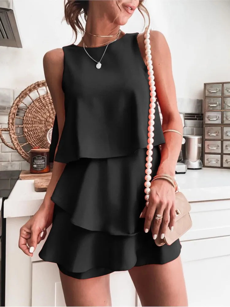 Irregular Layered Sleeveless O Neck Short Jumpsuit for Women