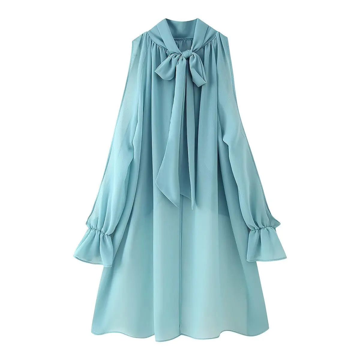 Vintage Chiffon Tiered Ruffle Sleeve Blouse with High Neck for Women