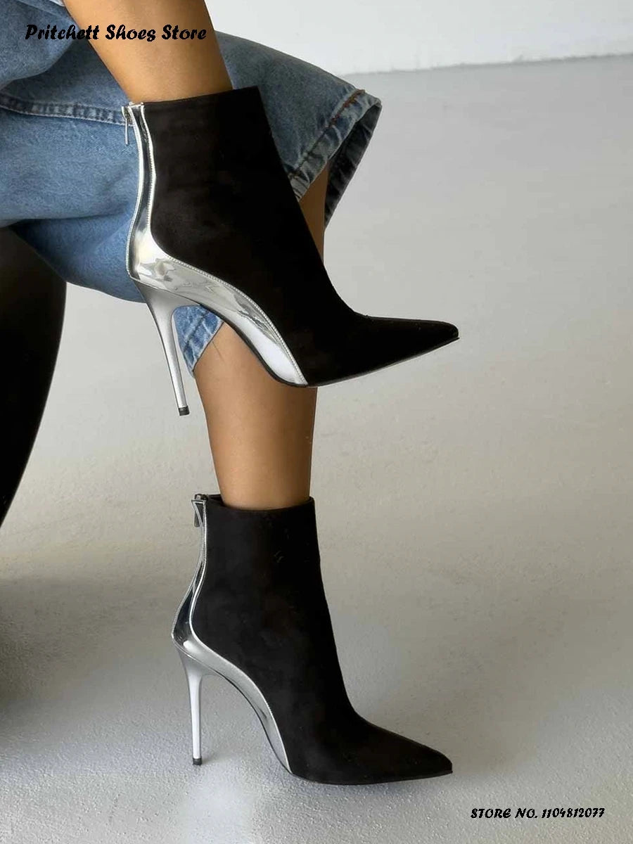 Patchwork Leather Trimmed Pointed Toe Ankle Boots for Women