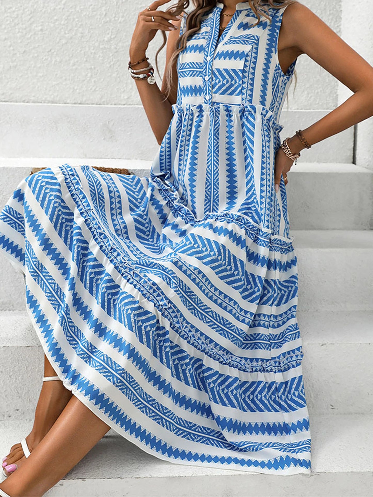 Women Summer Sleeveless Dress Casual Geometric Print Button V-Neck Party Dress for Beach Club Streetwear