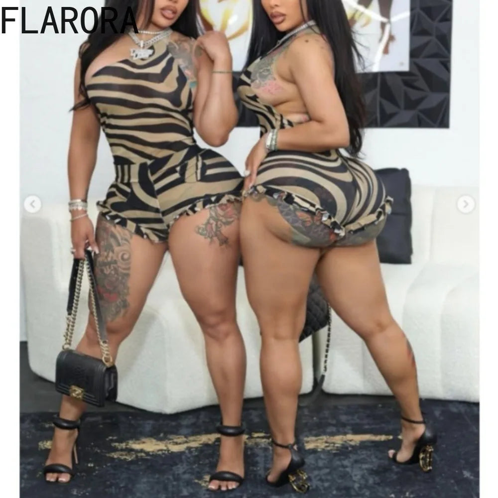 Zebra Print Mesh Two Piece Party Outfit Set for Women