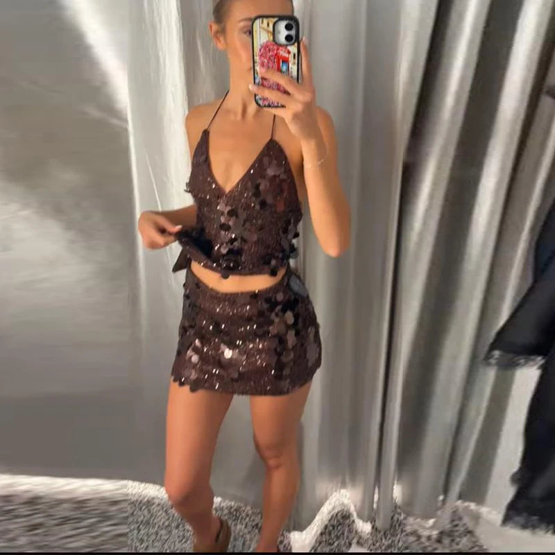 Sequin Halter Two Piece Top and Mini Skirt Set for Women
