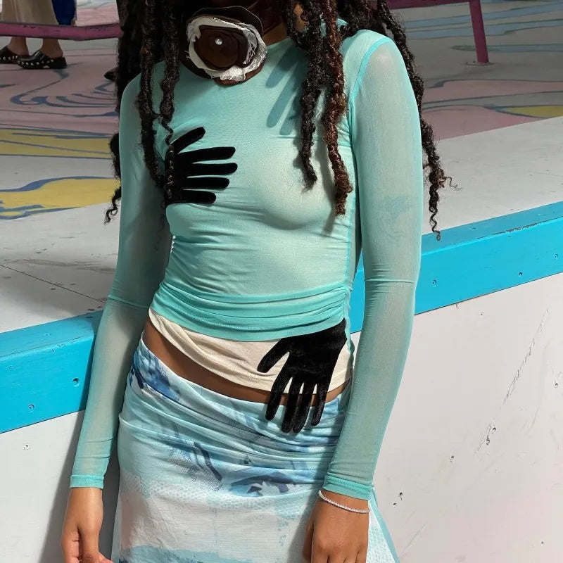 Velvet Patchwork See Through Mesh Long Sleeve Top for Women