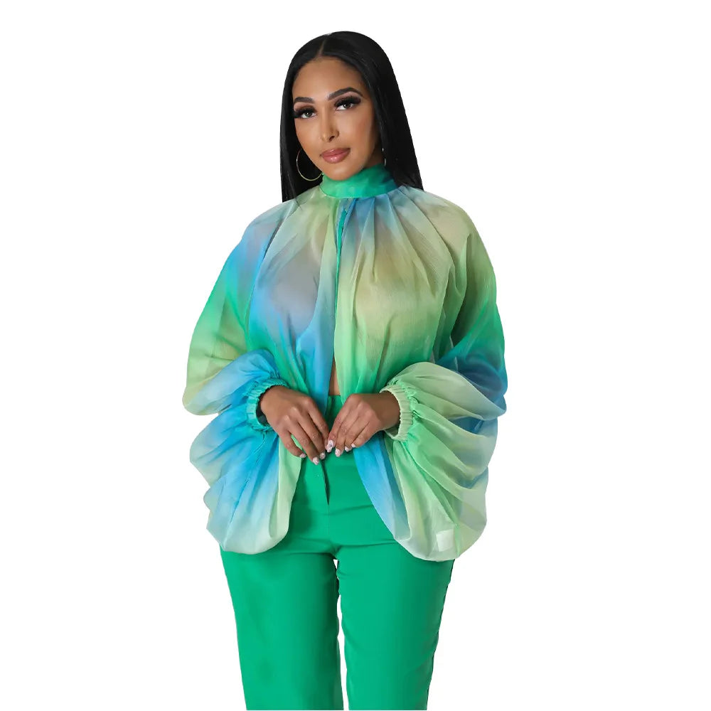 Sheer Lantern Sleeve Blouse with Tie Back for Women