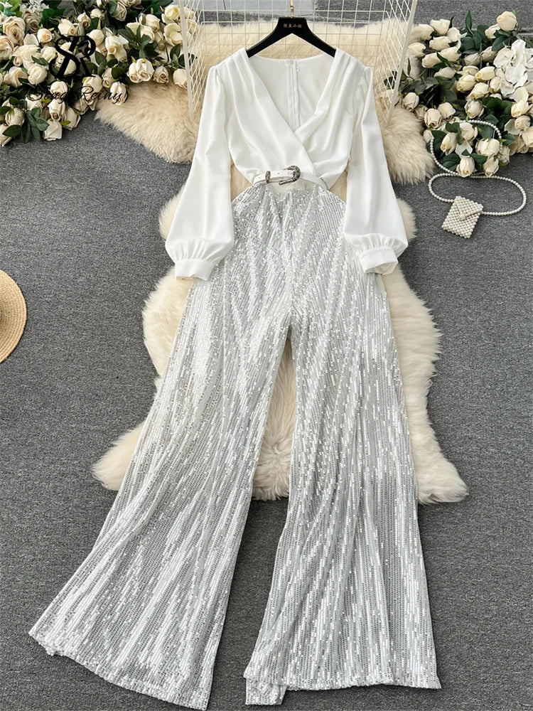 Sequined Patchwork V Neck Wide Leg Jumpsuit for Women