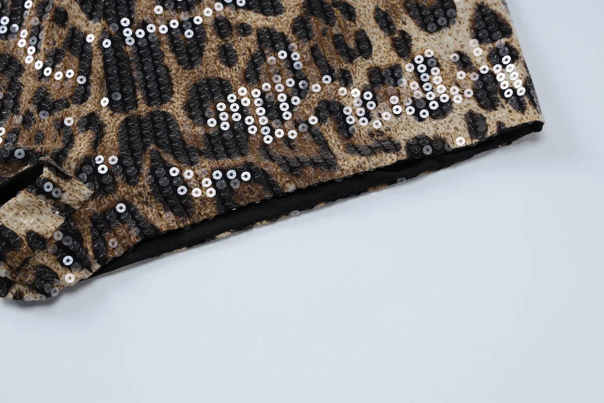 Chic Leopard Print Sequin Three Piece Set for Women
