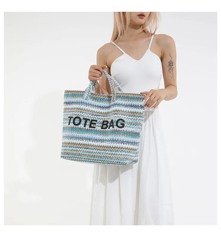 Large capacity beach woven bag, colorful striped tote bag, letter contrasting handbag for women