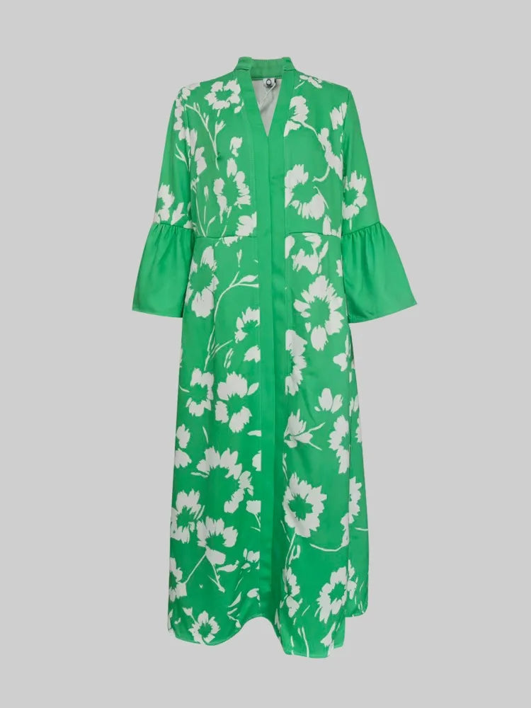 Gymystars Elegant Party Dresses V-Neck Maxi Dresses for Women Fashion Flared Sleeves Flower Print Casual Vacation Green Dresses