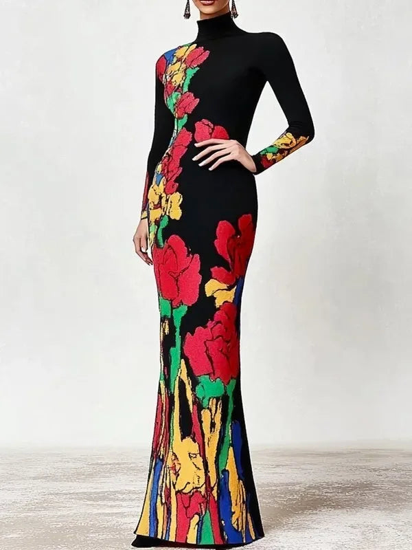 UOOZEE Women's Elegant Black High-Neck Floral Printed Bodycon Fishtail Dress 2025 New Spring Long-Sleeves Party Evening Dress