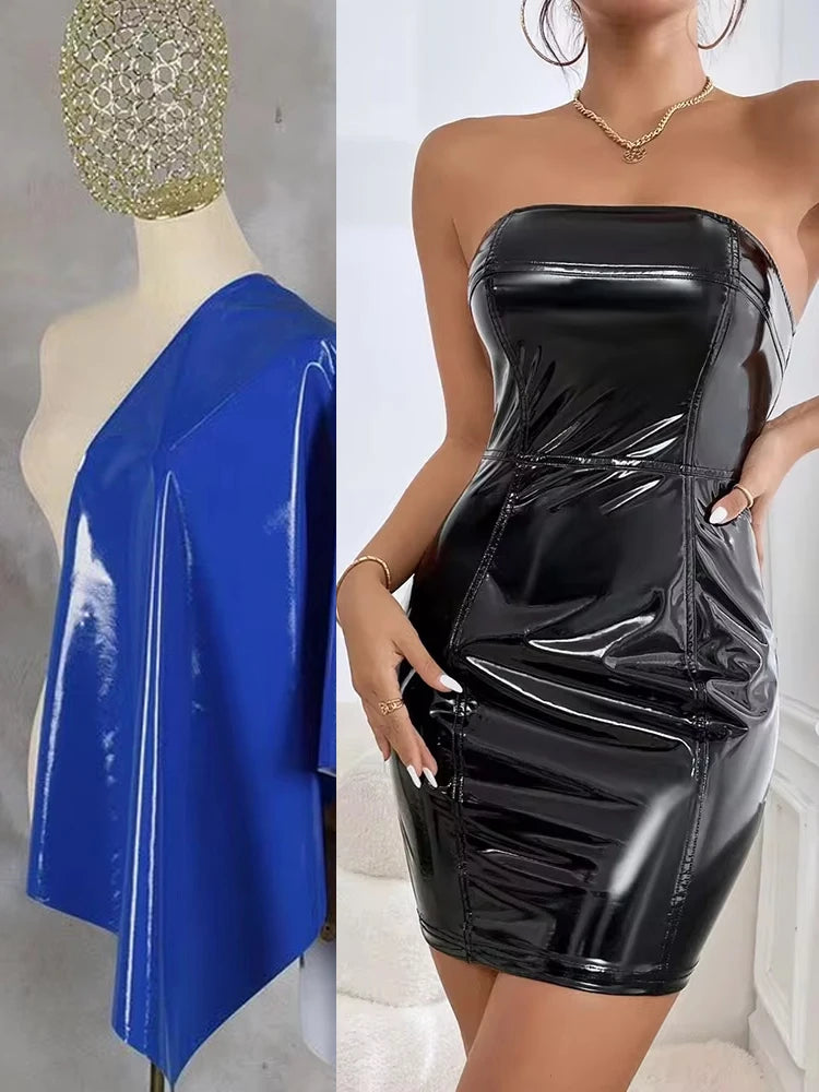 Vintage Patchwork Faux Latex Strapless Bodycon Mini Dress for Women