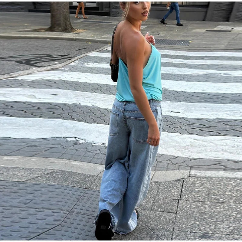 Loose Pleated Halter V Neck Backless Camisole Top for Women