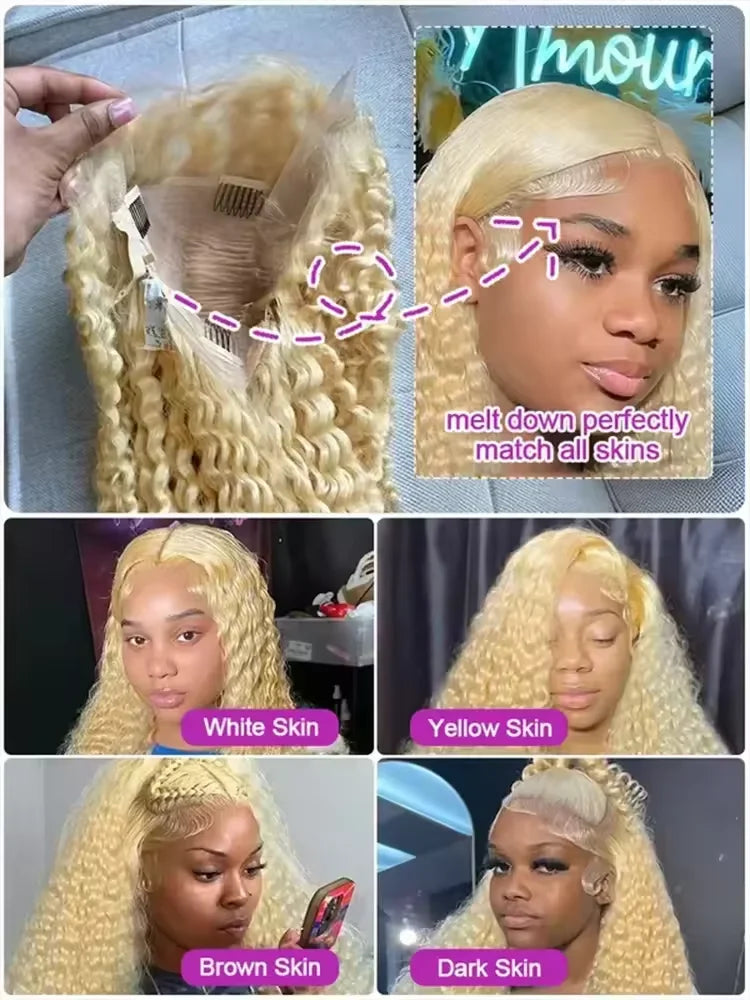 Honey Blonde Deep Wave Lace Front Human Hair Wig for Women