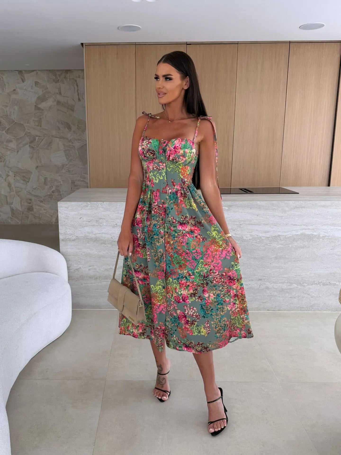 Boho Print Sleeveless A-Line Casual Midi Dress for Women