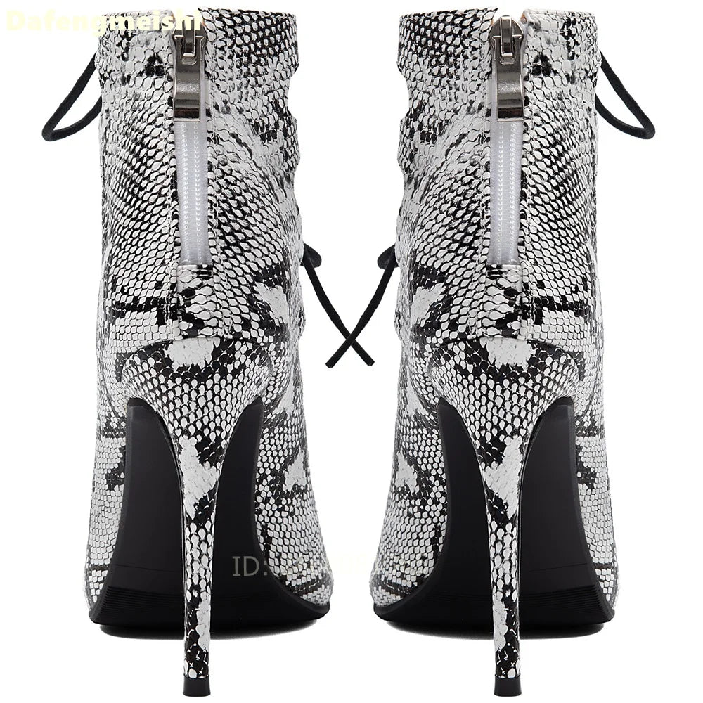 Snake Print Lace Up Peep Toe Ankle Booties For Women
