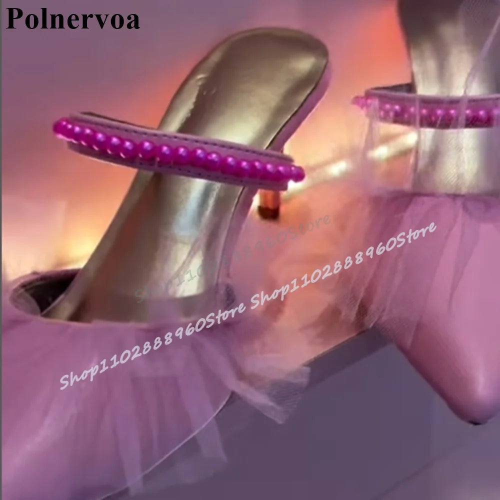 Pink Crystals Strip Air Mesh Pointy Slippers Stilettos High Heel Women Shoes Slip On Pointed Toe Casual Trending Women Slippers