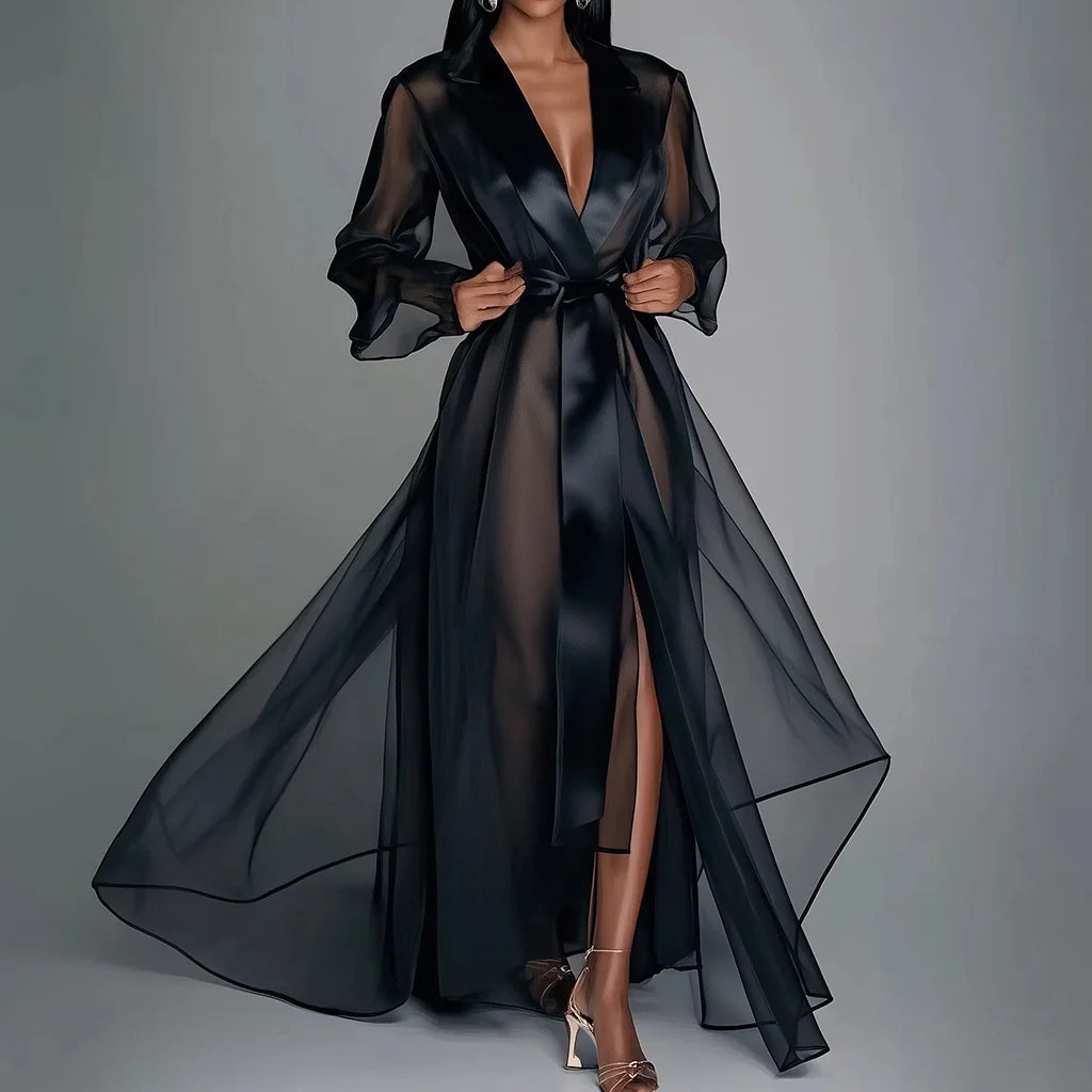 Lace Up Bodice Organza Sheer Maxi Dress