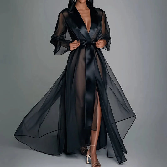 Lace Up Bodice Organza Sheer Maxi Dress