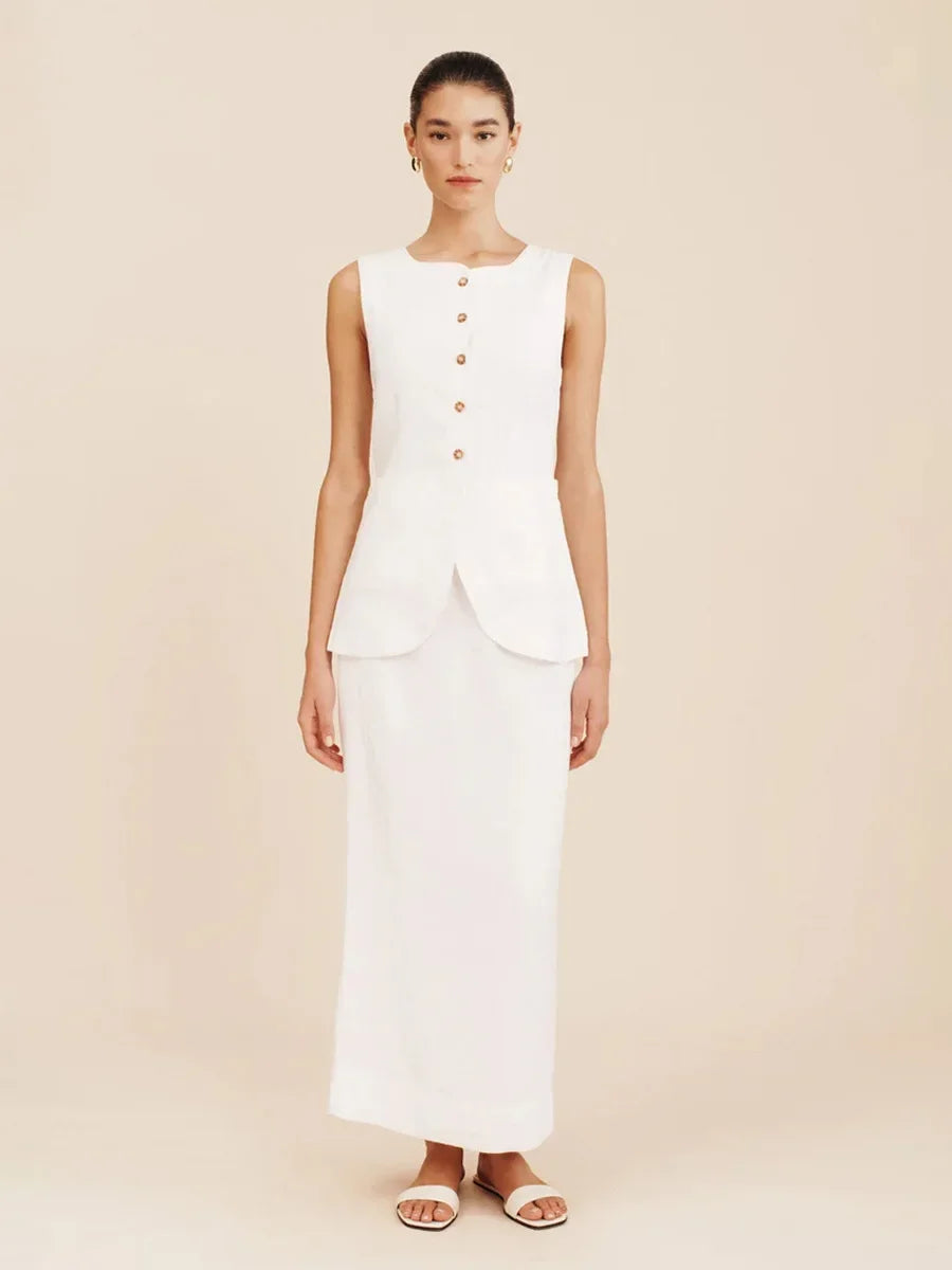 Breathable Linen High Waist Vest And Skirt Set For Women