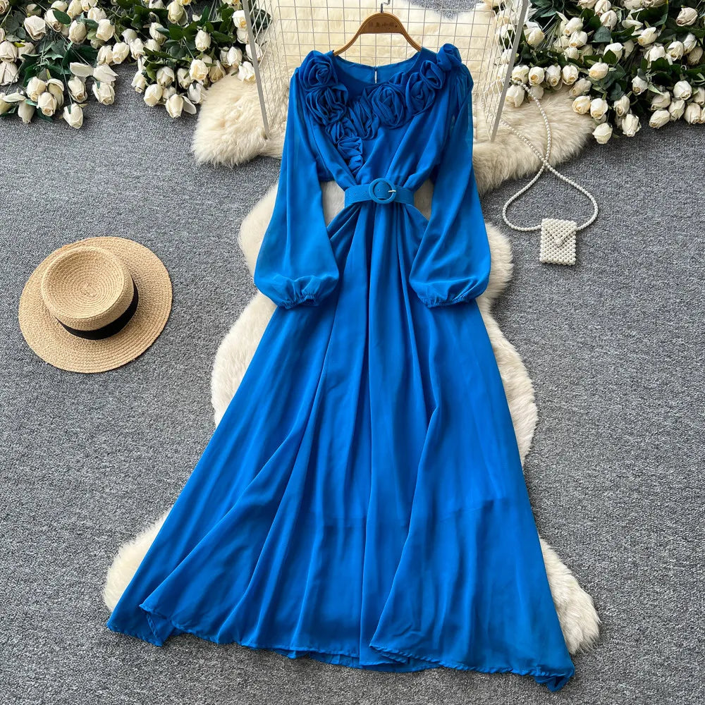 Floral Lace V Neck Long Sleeve A Line Midi Dress for Women