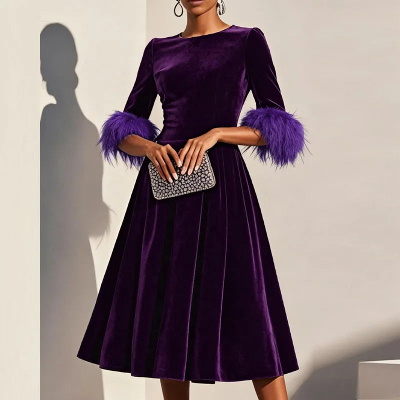 Elegant Feather Trim Velvet A-Line Party Dress for Women