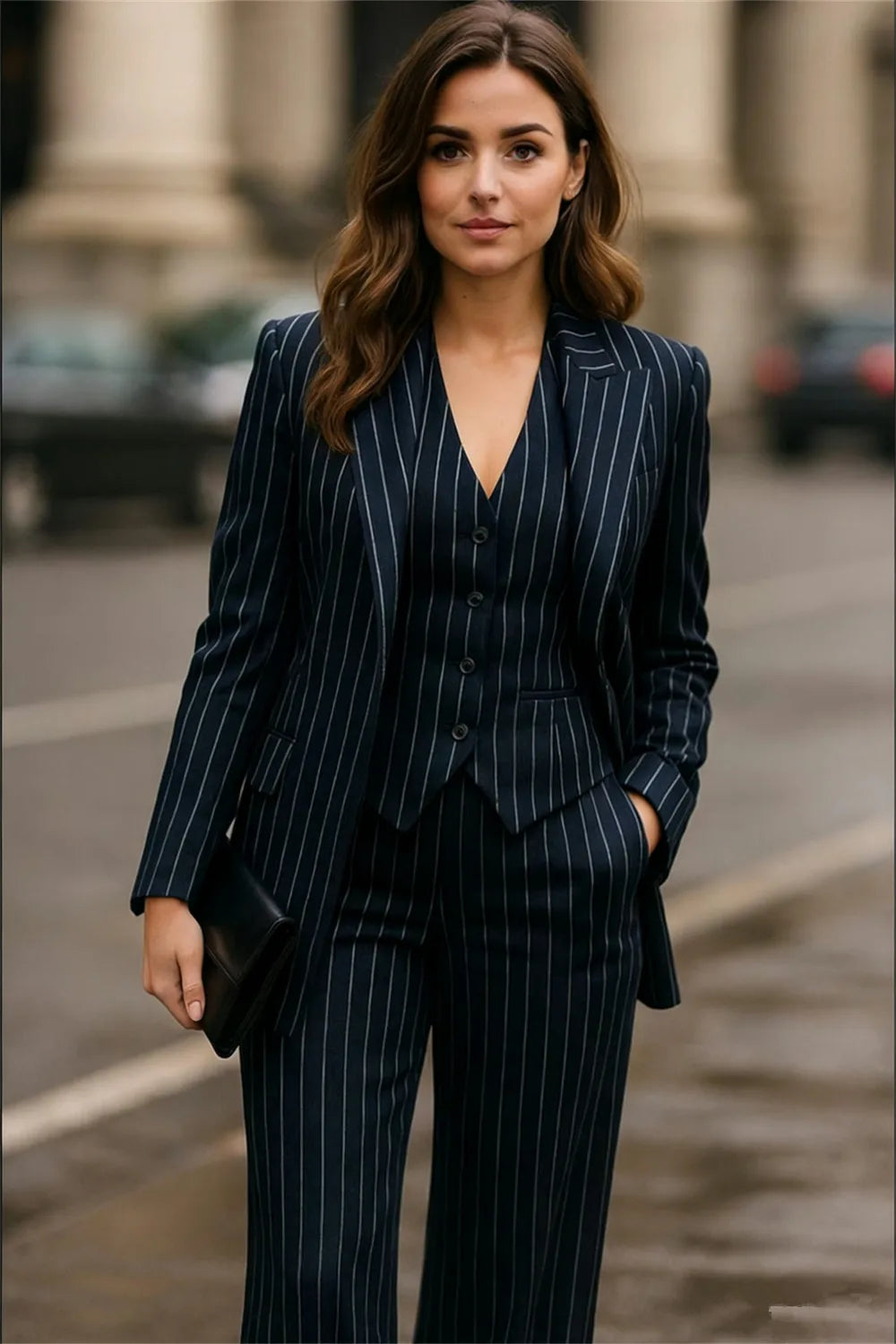Dark Navy Blue Pinstripe Women's Pinstripe Women's Suit 3 Pcs Elegant Business Party Wear Chic Office Wear (Blazer+Vest+Trousers