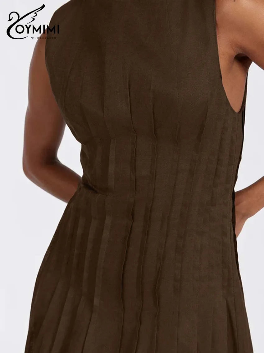 Oymimi Casual White Cotton Womens Dresses Fashion O-Neck Sleeveless Solid Dresses Elegant Open Back Ankle-Length Dress Female