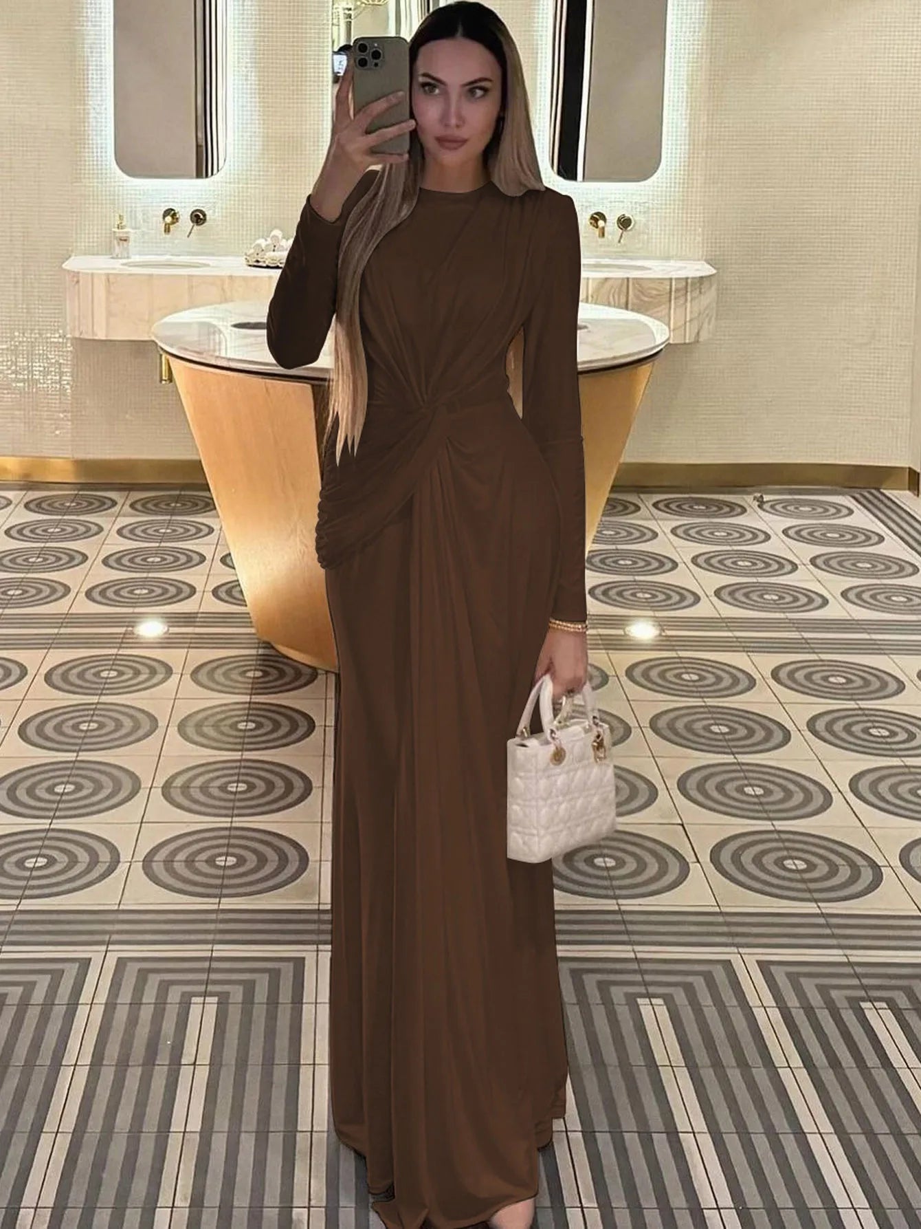 Elegant Ruched Long Sleeve Pleated Maxi Dress for Women