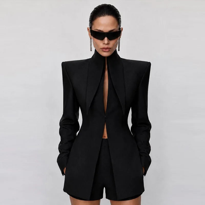 Solid Color Slim Fit High Waist Two Piece Shorts Set for Women