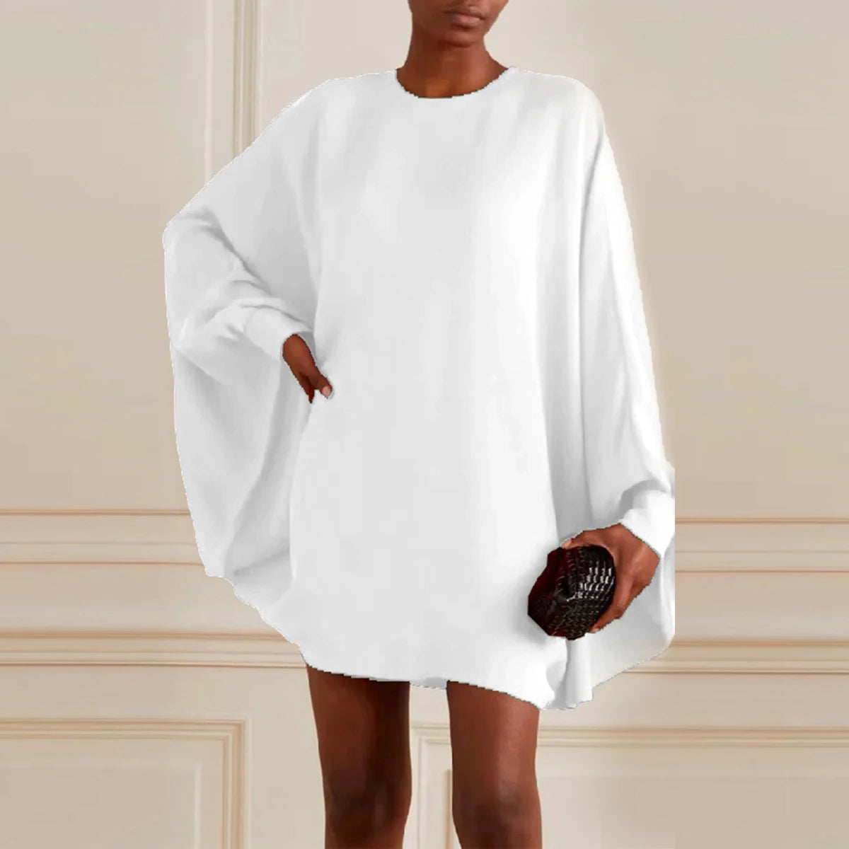 UOOZEE Women Fashion Simple Solid Color Round-Neck Mini Dresses 2025 New Spring Summer Batwing Sleeves Casual Short Dress