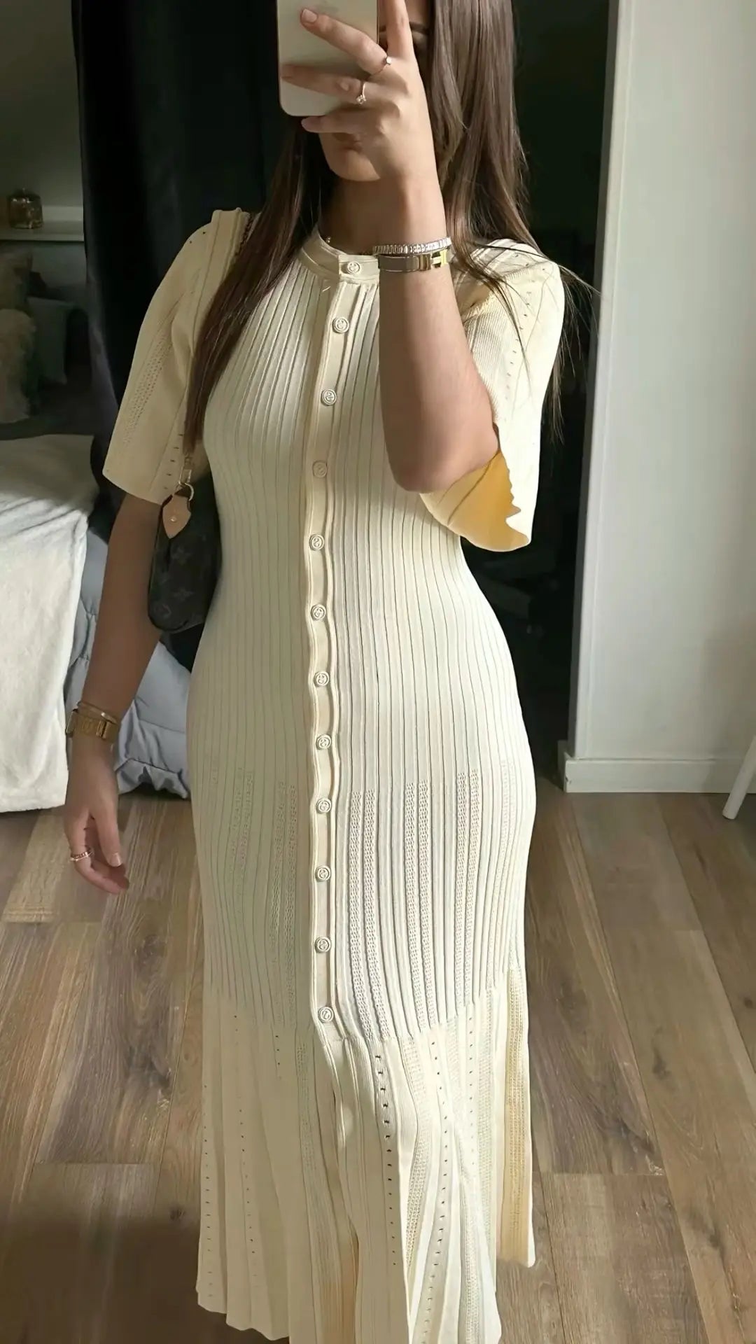 Elegant Pleated Hem Street Fashion O Neck Bell Sleeve Slim Knit Midi Dress 2025 Women Summer Beach Swimsuit Cover Up Tunic A3055