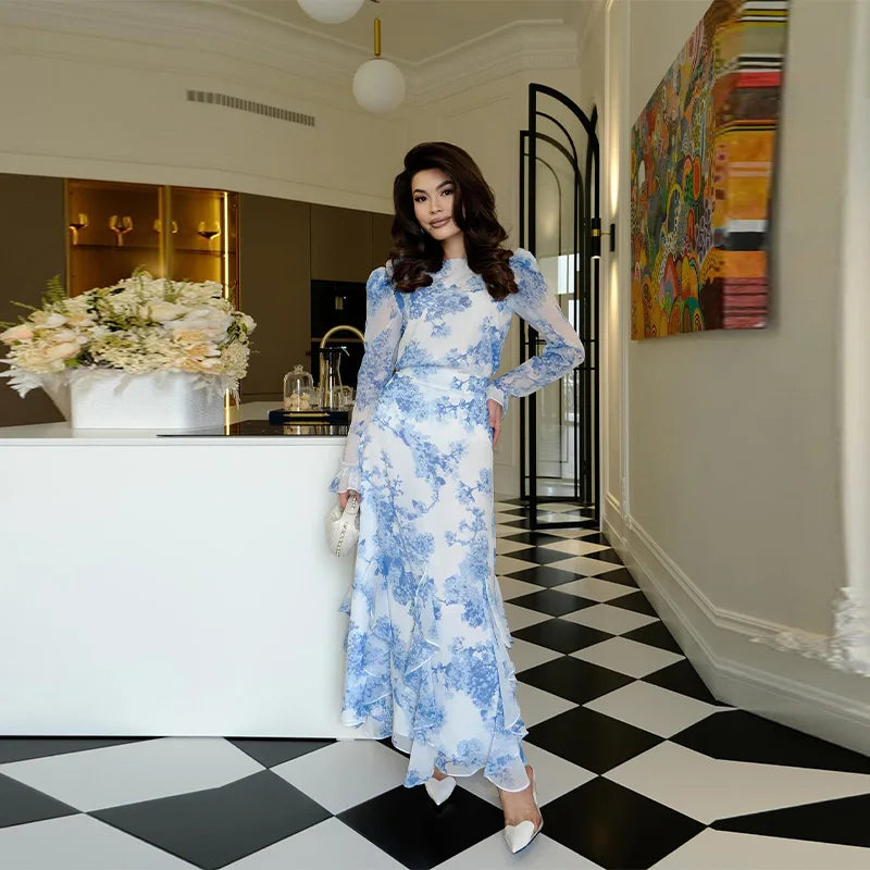 Cascading Ruffle Print Long Sleeve Maxi Dress for Women