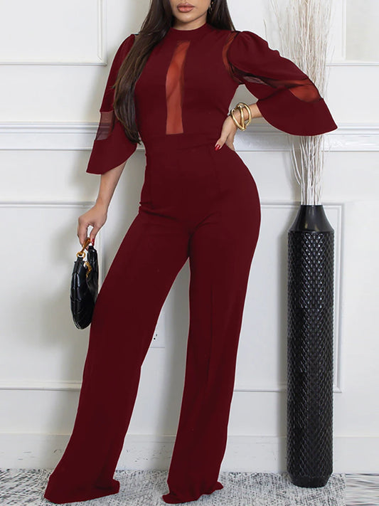 Office Lady O-neck Short Sleeved Romper Fashion Party Solid Color Long Pants Playsuit Mesh Splicing High Waist Straight Jumpsuit